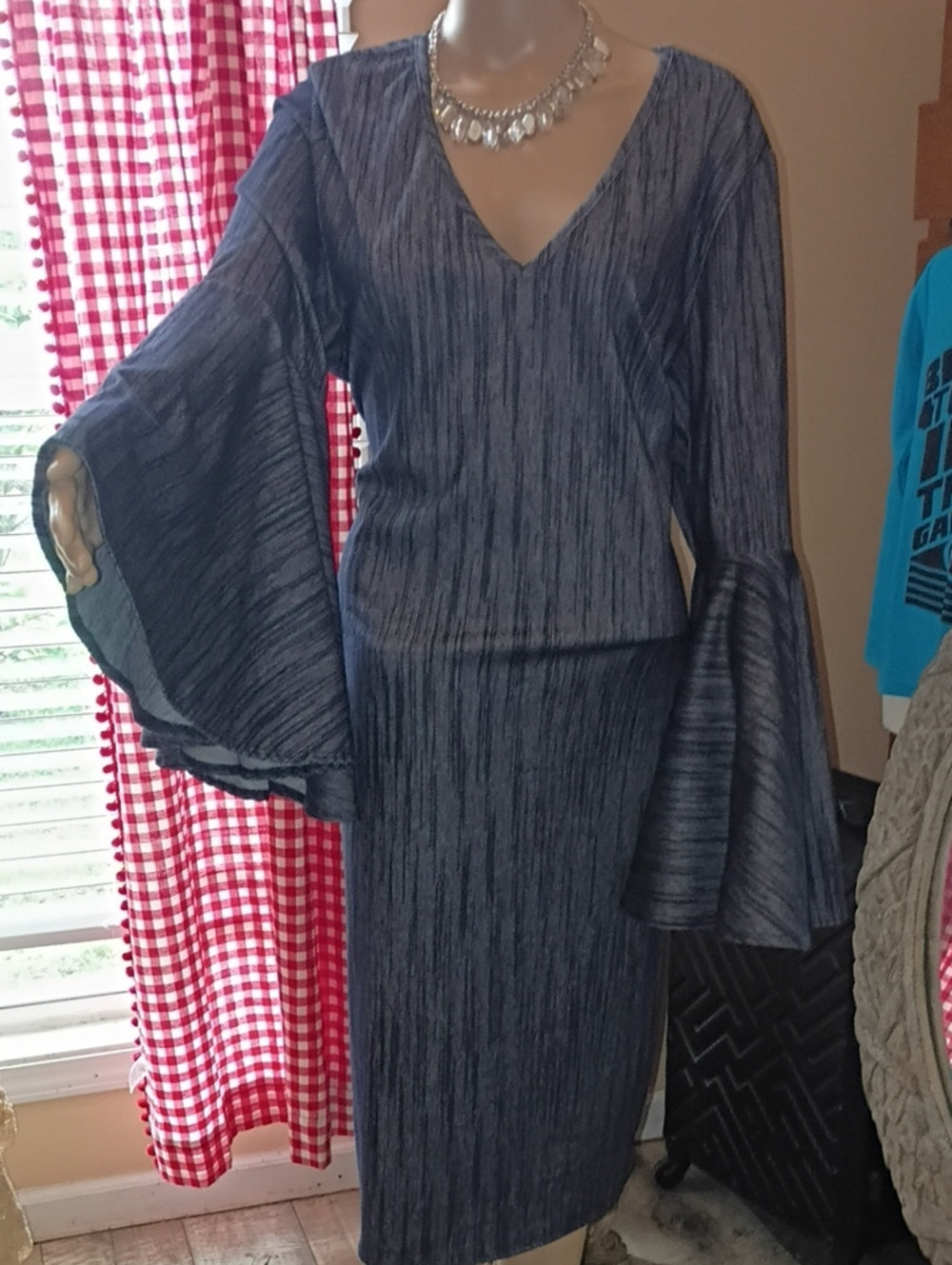 Ashley Stewart Navy Long Sleeve Bell Sleeve Midi Dress